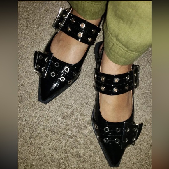 New Double Buckle Ballet Flats Silver NWT Black Slip On Pointed Toe Faux Leather - Picture 15 of 16